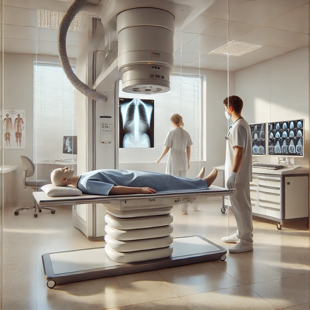 DALL·E 2025-03-24 08.47.52 - A realistic and modern radiology office interior with a patient lying on the examination table under an X-ray machine. A radiologic technologist in a