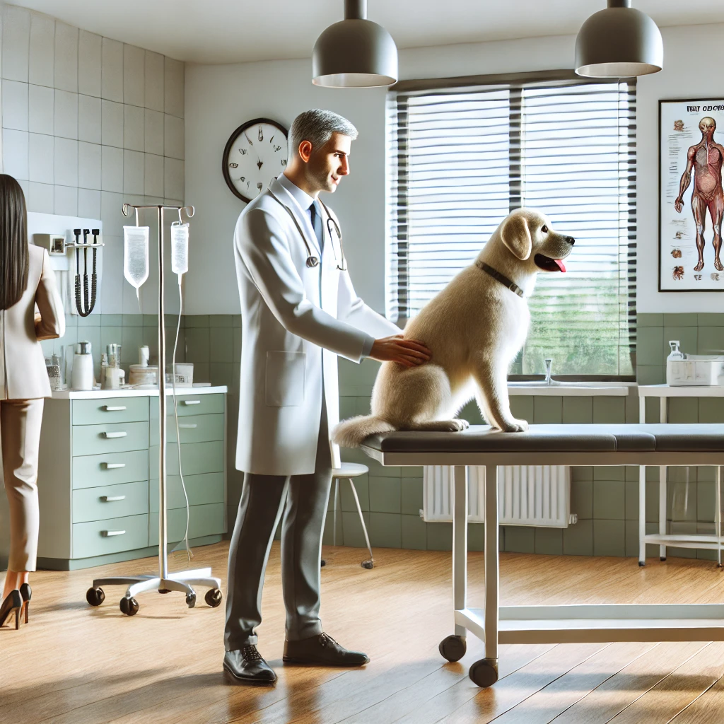 DALL·E 2025-03-24 08.47.53 - A realistic and modern veterinary clinic interior with a veterinarian examining a dog on the examination table. The vet is wearing a white coat and is