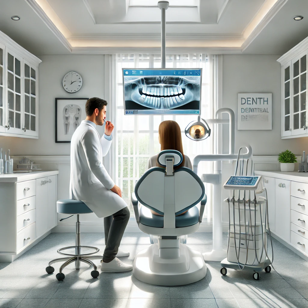 DALL·E 2025-03-24 08.47.54 - A realistic and modern dental office interior with a patient sitting in the dental chair and a dentist in a white coat examining their teeth. The room